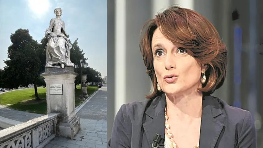 L'elaborazione grafica di come potrebbe essere la statua di Elena Lucrezia Cornaro Piscopia, in Prato della Valle, prima donna laureata al mondo, fra 78 statue tutte di uomini e la ministra alle Pari Opportunità Elena Bonetti