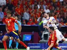 epa11469259 Theo Hernandez (R) of France reacts during the UEFA EURO 2024 semi-finals soccer match between Spain and France in Munich, Germany, 09 July 2024. EPA/FILIP SINGER
