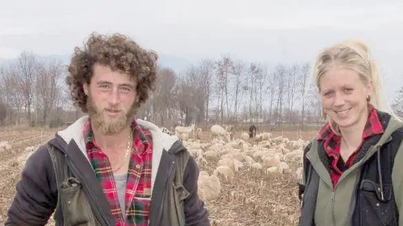 Fabio Zwerger e Alice Masiero con il loro gregge, a destra il piccolo Martin di 18 mesi vuol farsi prendere in braccio dal papà