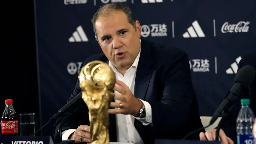 epa10017325 FIFA Vice President Vittorio Montagliani speaks during a press conference, at Radio City, in New York, New York, USA, 16 June 2022.The North American cities hosting the 2026 World Cup were announced, eleven sites are in the US, three are in Mexico, and two in Canada. EPA/Peter Foley