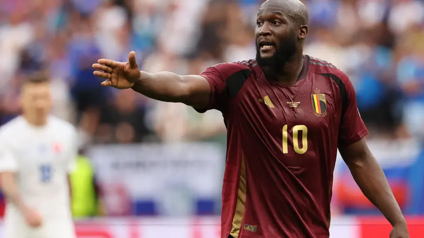 epa11418537 Romelu Lukaku of Belgium reacts during the UEFA EURO 2024 group E match between Belgium and Slovakia, in Frankfurt Main, Germany, 17 June 2024. EPA/ABEDIN TAHERKENAREH