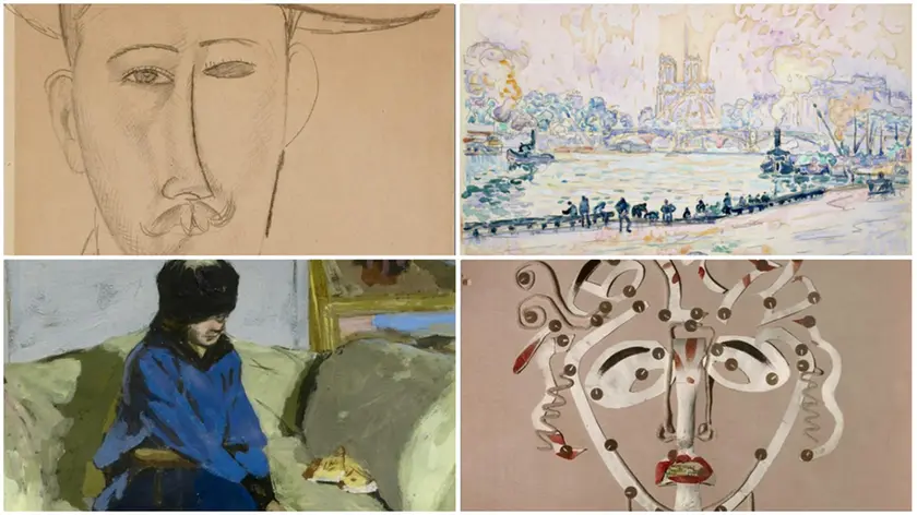 Alcune delle opere esposte a Palazzo Zabarella a Padova. In senso orario, dall'alto a sinistra: "Ritratto di un uomo" di Modigliani, "Quai d'Austerlitz" di Signac, "Testa con puntine" di Cocteau e "Donna con corpetto blu" di Vuillard