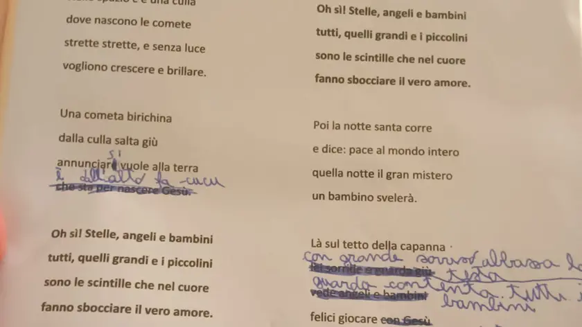 Il testo modificato della canzone cantata dai bambini della elementare di Agna