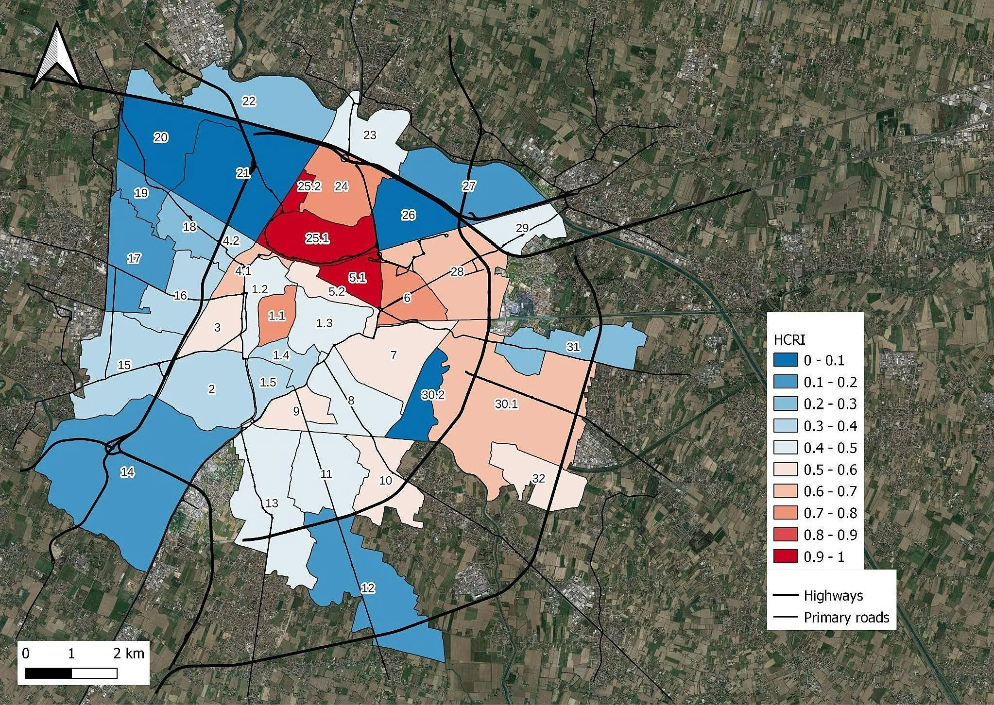 La mappa delle zone a rischio per i bambini di età inferiore ai cinque anni: in rosso (rischio massimo, compreso tra 0,9 e 1) sono evidenziate le aree della Fiera, dell’Arcella e di San Bellino, dove alla maggior presenza di isole di calore si abbina una densità abitativa elevata per quella fascia d’età