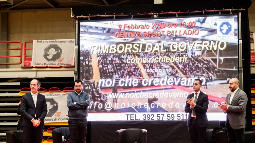 09/02/2019 Vicenza, Centro Sport Palladio, Assemblea Risparmiatori Banche Venete; nella foto Luca Zaia, Matteo Salvini, Luigi Di Maio, Gianluigi Paragone