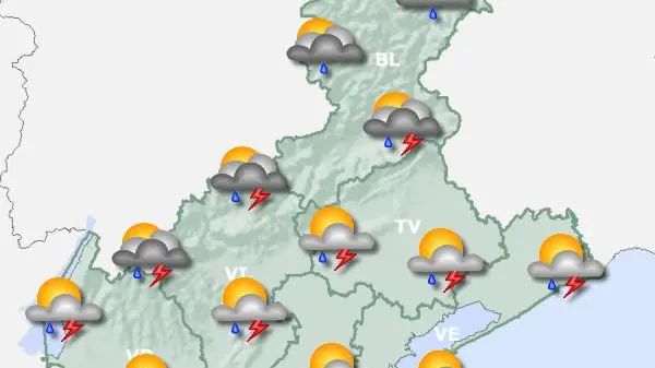 La cartina con le previsioni dell'Arpav per sabato pomeriggio