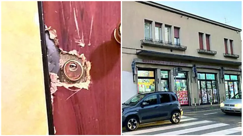 A sinistra la porta di casa forzata per rientrare dopo che era stata cambiata la serratura e a destra il condominio di via Pontevigodarzere a Padova