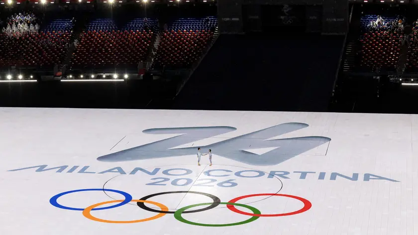 epa09774605 The logo of the Milan Cortina 2026 Winter Olympic Games on display during the Closing Ceremony of the Beijing 2022 Olympic Games at the National Stadium, also known as Bird's Nest, in Beijing China, 20 February 2022. EPA/SALVATORE DI NOLFI