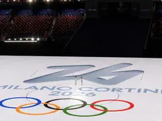 epa09774605 The logo of the Milan Cortina 2026 Winter Olympic Games on display during the Closing Ceremony of the Beijing 2022 Olympic Games at the National Stadium, also known as Bird's Nest, in Beijing China, 20 February 2022. EPA/SALVATORE DI NOLFI
