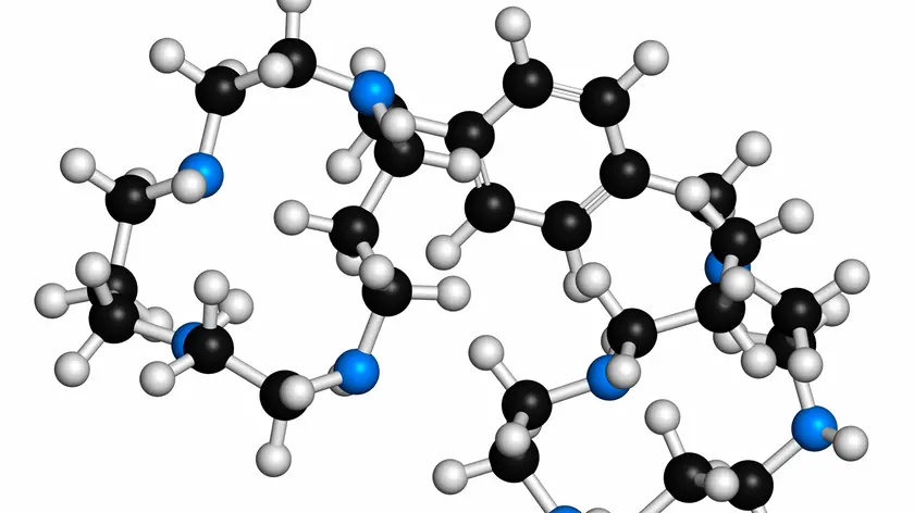 Plerixafor cancer drug molecule. Atoms are represented as spheres and are colour coded: hydrogen (white), carbon (black), nitrogen (blue). Illustratio...