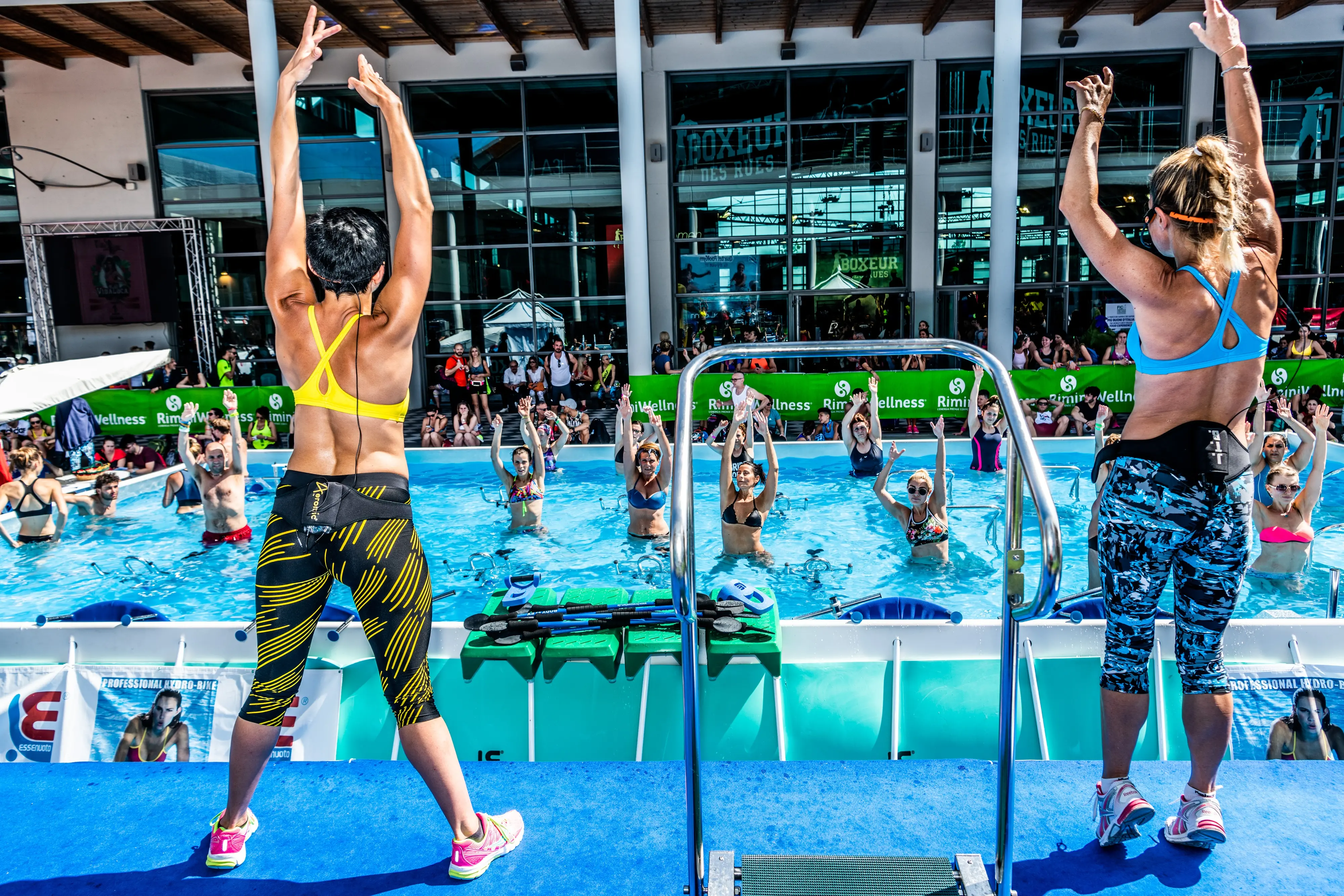 02/06/2018 Rimini. "Wellness" la fiera del fitness. Nella foto pratica di Hydrobik, la cyclette in piscina.
