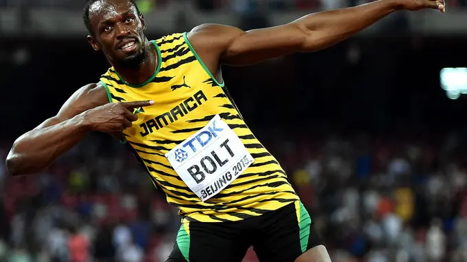 (150823) --BEIJING, Aug 23, 2015 (Xinhua) -- Usain Bolt of Jamaica celebrates after the men's 100m final at the 2015 IAAF World Championships in Beijing, capital of China, on Aug. 23, 2015. (Xinhua/Li Gang)