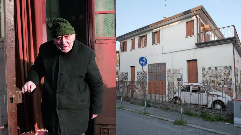 Renzo Bussotti e la casa di porta Savonarola, cone le ceramiche e il "maggiolone" che completa l'opera