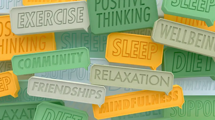 Close up of lots of positive healthy lifestyle speech bubbles