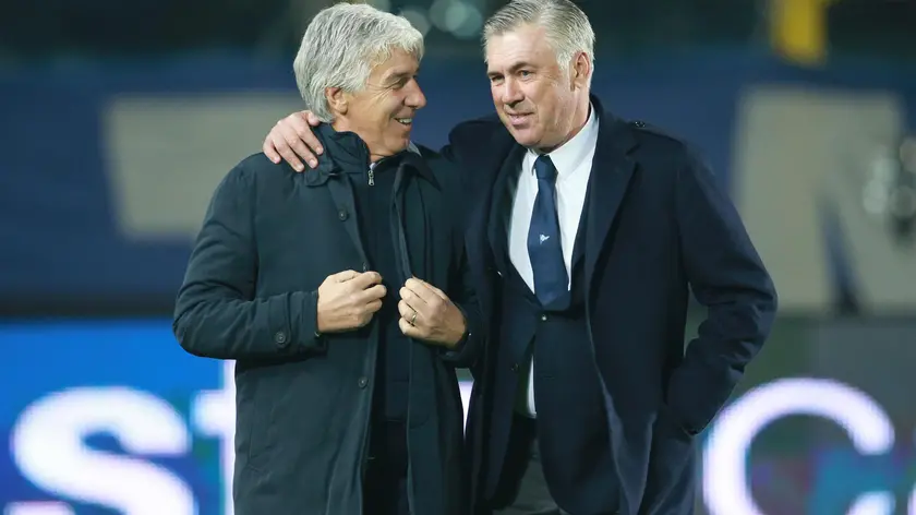 Atalantas head coach Gian Piero Gasperini and Napoli's haead coach Carlo Ancelotti (r) during the Italian Serie A soccer match Atalanta vs Napoli at Stadio Atleti Azzurri d'Italia in Bergamo, Italy, 3 December 2018. ANSA/PAOLO MAGNI