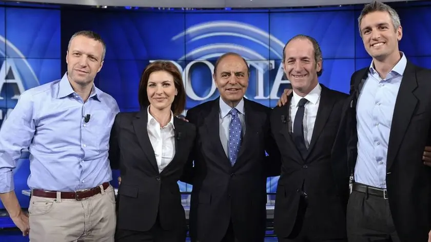 02/04/2015 Roma. Rai. Trasmissione televisiva Porta a Porta. Nella foto Flavio Tosi, Alessandra Moretti, Bruno Vespa, Luca Zaia, Iacopo Berti