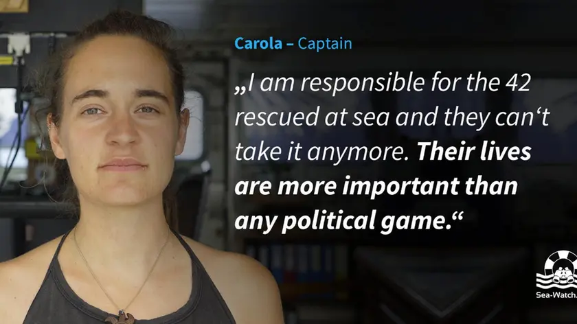 "Ho deciso di entrare in porto a Lampedusa. So cosa rischio ma i 42 naufraghi a bordo sono allo stremo. Li porto in salvo". Così la comandante della Sea Watch, Carola Rackete. SEA-WATCH.ORG +++ATTENZIONE LA FOTO NON PUO? ESSERE PUBBLICATA O RIPRODOTTA SENZA L?AUTORIZZAZIONE DELLA FONTE DI ORIGINE CUI SI RINVIA+++