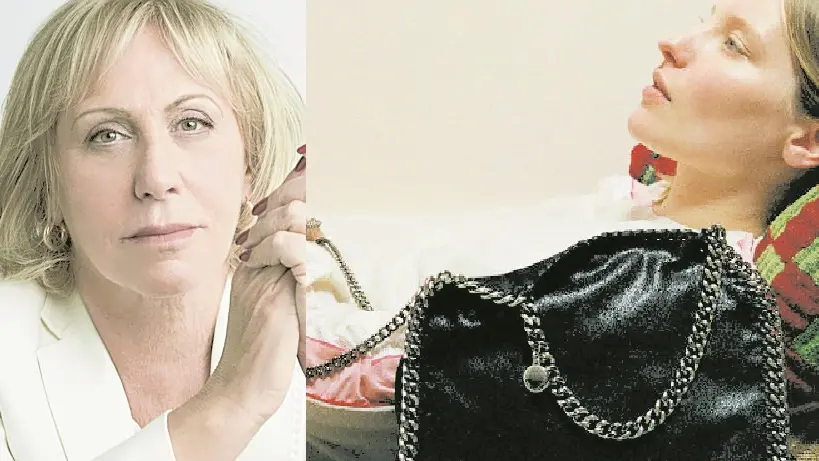 Fulvia Bacchi direttrice dell’Unic Unione nazionale industria conciaria e una pubblicità di una borsa disegnata da Stella McCartney