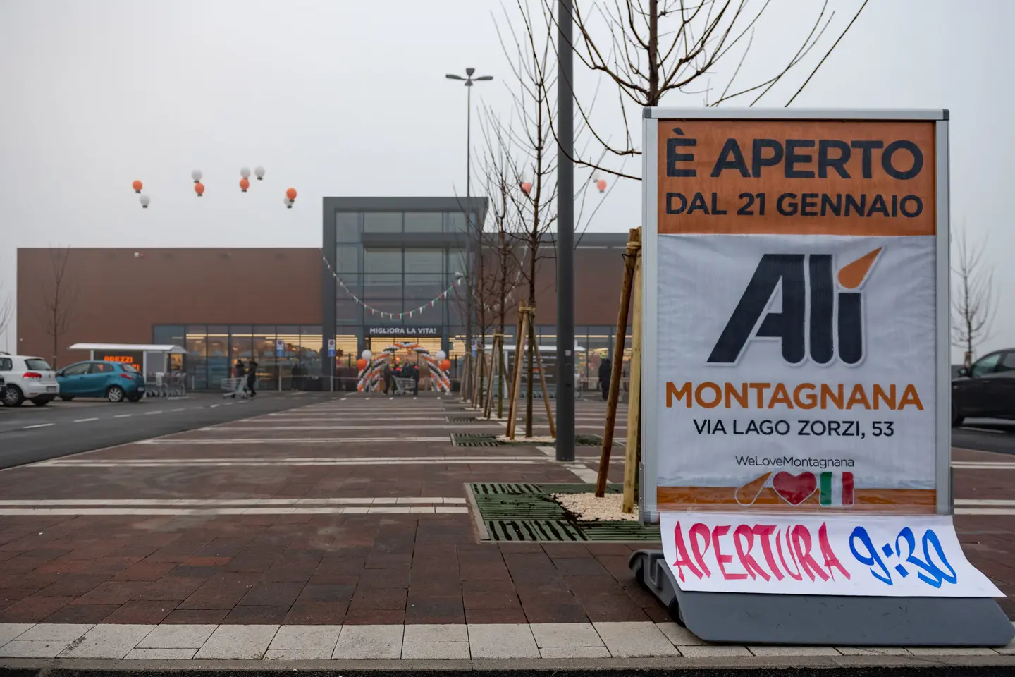 Montagnana (PD), 21 gennaio 2021. Inaugurazione Supermercato Ali a Montagnana. Nella Foto: esterno del nuovo Alì di Montagnana