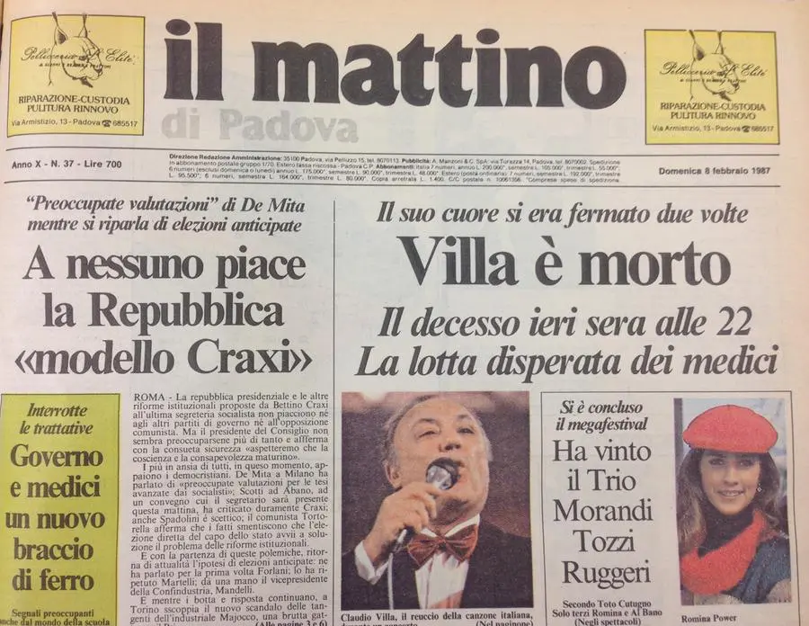 La prima pagina del mattino di Padova di domenica 8 febbraio 1987
