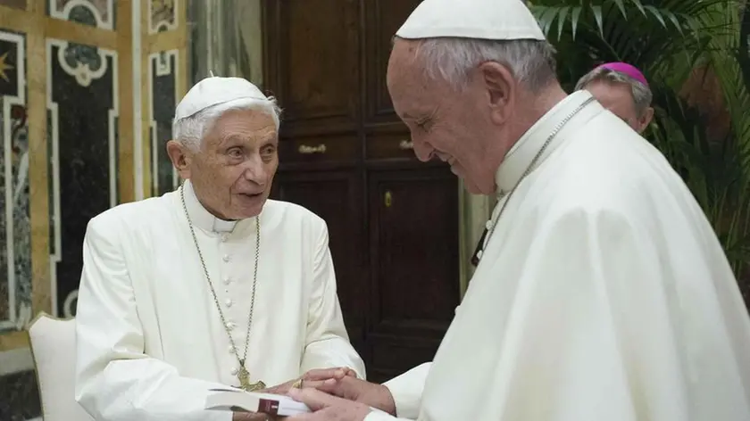 Pope Francis and Pope Emeritus Joseph Ratzinger on the occasion of the celebrations for the sixty-fifth anniversary of his priesthood in the Clementine Hall in the Vatican, 28 June 2016. ANSA / PRESS OFFICE / Osservatore Romano... +++ANSA PROVIDES ACCESS TO THIS HANDOUT PHOTO TO BE USED SOLELY TO ILLUSTRATE NEWS REPORTING OR COMMENTARY ON THE FACTS OR EVENTS DEPICTED IN THIS IMAGE; NO ARCHIVING; NO LICENSING+++