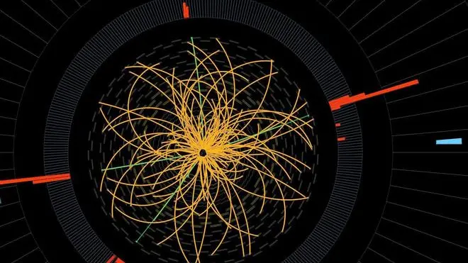 epa03294845 An undated handout computer genenrated image provided by CERN shows Real CMS proton-proton collision events in which 4 high energy electrons (green lines and red towers) are observed in a 2011 event. The event shows characteristics expected from the decay of a Higgs boson but is also consistent with background Standard Model physics processes. ATLAS and CMS experiments presented their latest preliminary results in the search for the long sought Higgs particle in a press conference at the CERN in Geneva, Switzerland, 04 July 2012. Both experiments observe a new particle in the mass region around 125-126 GeV. The results presented have been labelled as preliminary. They are based on data collected in 2011 and 2012, with the 2012 data still under analysis. EPA/CERN HANDOUT MANDATORY CREDIT HANDOUT EDITORIAL USE ONLY/NO SALES