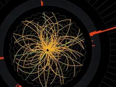 epa03294845 An undated handout computer genenrated image provided by CERN shows Real CMS proton-proton collision events in which 4 high energy electrons (green lines and red towers) are observed in a 2011 event. The event shows characteristics expected from the decay of a Higgs boson but is also consistent with background Standard Model physics processes. ATLAS and CMS experiments presented their latest preliminary results in the search for the long sought Higgs particle in a press conference at the CERN in Geneva, Switzerland, 04 July 2012. Both experiments observe a new particle in the mass region around 125-126 GeV. The results presented have been labelled as preliminary. They are based on data collected in 2011 and 2012, with the 2012 data still under analysis. EPA/CERN HANDOUT MANDATORY CREDIT HANDOUT EDITORIAL USE ONLY/NO SALES