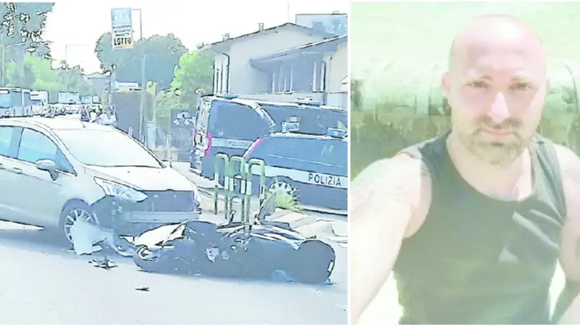 A sinistra l’incidente in via della Provvidenza a Sarmeola di Rubano, a destra e sotto il quarantenne che ha perso la vita nello scontro, Maurizio Militello