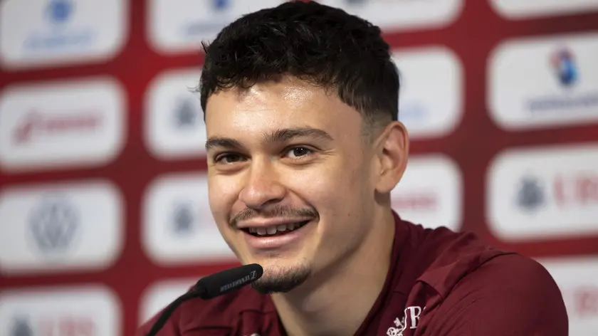 epa11435956 Switzerland's Fabian Rieder speaks during a press conference at the 'Stadion auf der Waldau' in Stuttgart, Germany, 25 June 2024. Switzerland will face Italy in a UEFA EURO 2024 round of 16 match on 29 June 2024. EPA/PETER KLAUNZER