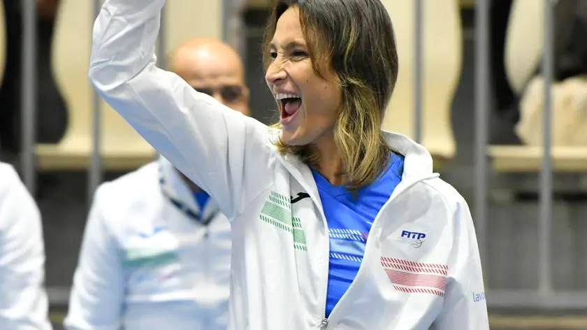 epa10966168 Italy captain Tathiana Garbin cheers during the group D tennis match between Martina Trevisan of Italy and Eva Lys of Germany, at the Billie Jean King Cup Finals 2023 in Seville, Spain, 09 November 2023. EPA/Raul Caro