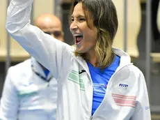 epa10966168 Italy captain Tathiana Garbin cheers during the group D tennis match between Martina Trevisan of Italy and Eva Lys of Germany, at the Billie Jean King Cup Finals 2023 in Seville, Spain, 09 November 2023. EPA/Raul Caro