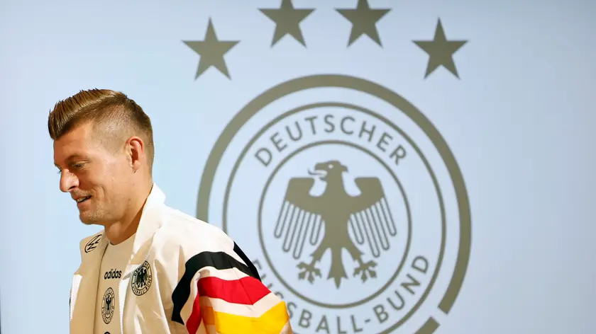 epa11454776 Germany player Toni Kroos attends a press conference of the national soccer team in Herzogenaurach, Germany, 03 July 2024. EPA/ALBERTO ESTEVEZ