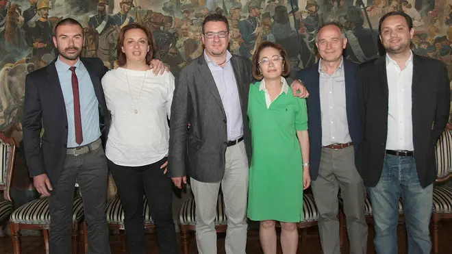 BELLUCO.PRESENTAZIONE NUOVA GIUNTA COMUNALE PIOVE DI SACCO.da sx sartori,ranzato,gianella,pizzo,cesarato,carnio