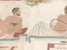 480 B.C. --- Tomb Painting With Men Drinking and Embracing on Couches From Paestrum --- Image by © Mimmo Jodice/Corbis
