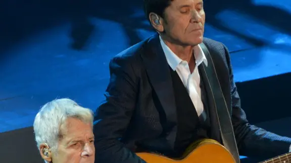 27 Sep 2015, Rome, Italy --- Gianni Morandi Claudio Baglioni Capitani Coraggiosi Roma 26/09/2015 Famous Italians Pop singer Pictured: Morandi Baglioni --- Image by © A Fraioli/Splash News/Corbis