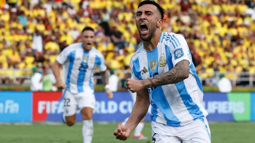 epa11597464 Nicolas Gonzalez of Argentina celebrates after scoring during a CONMEBOL FIFA World Cup 2026 qualifier soccer match between Colombia and Argentina at Metropolitano stadium in Barranquilla, Colombia, 10 September 2024. EPA/Mauricio Duenas Castaneda