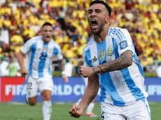 epa11597464 Nicolas Gonzalez of Argentina celebrates after scoring during a CONMEBOL FIFA World Cup 2026 qualifier soccer match between Colombia and Argentina at Metropolitano stadium in Barranquilla, Colombia, 10 September 2024. EPA/Mauricio Duenas Castaneda