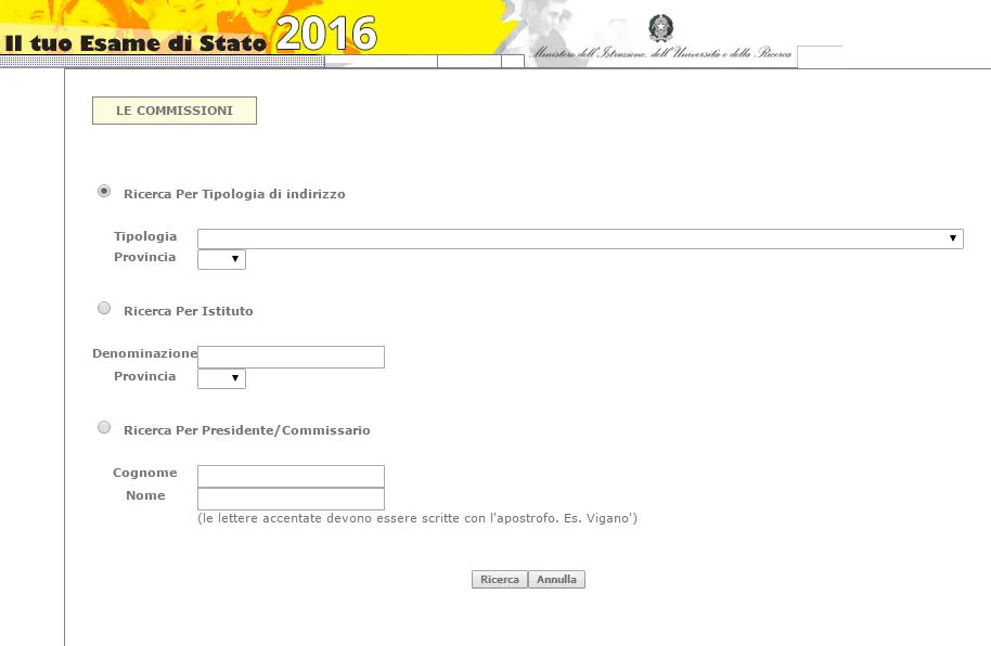 I tre filtri per la ricerca della commissione d'esame