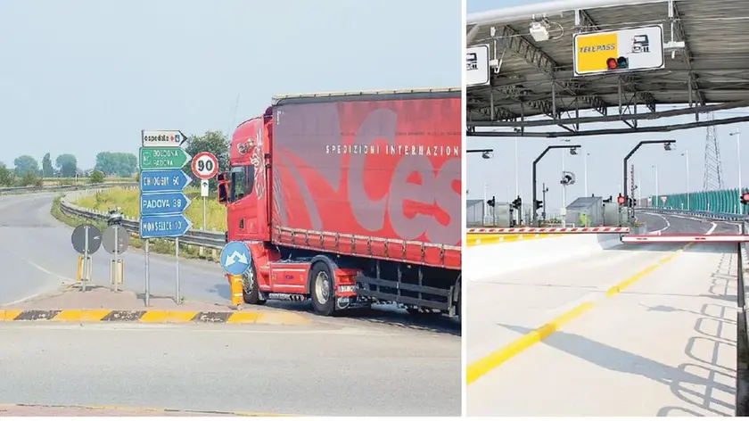 L’attuale accesso alla nuova regionale 10 a Carceri, il tratto porta fino a Monselice. A destra, il casello della Valdastico Sud di Santa Margherita d’Adige