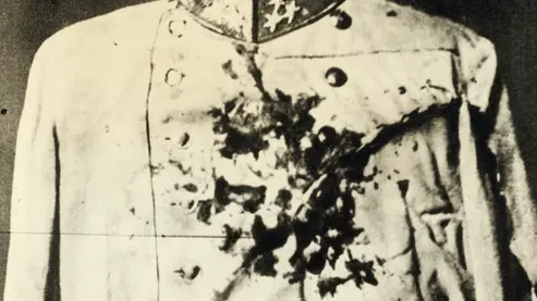 Original caption: The bloody coat of Archduke Franz Ferdinand of Austria after his assassination at Sarajevo, Bosnia Herzegovia, on June 28, 1914; the event which led to World War I. Undated photograph. --- Image by © Bettmann/CORBIS
