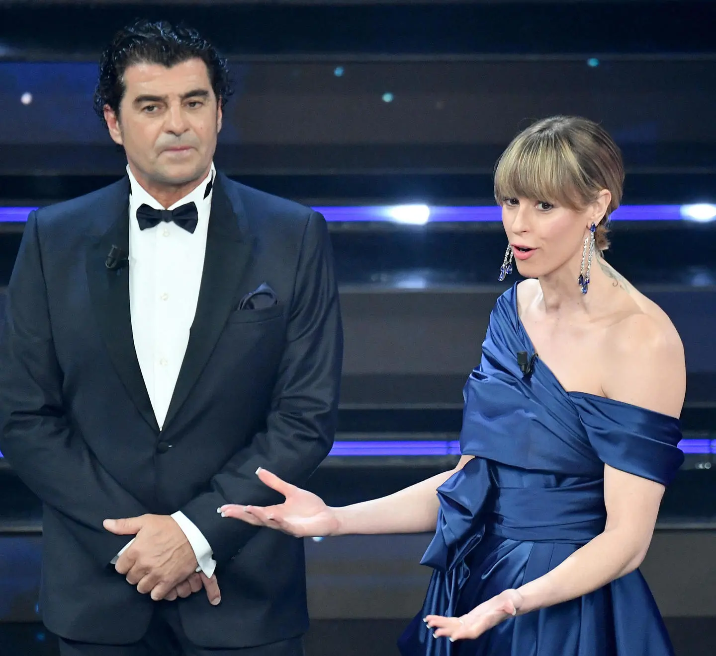Former Italian ski racer Alberto Tomba and Olympic Italian swimmer Federica Pellegrini on stage at the Ariston theatre during the 71st Sanremo Italian Song Festival, Sanremo, Italy, 06 March 2021. The festival runs from 02 to 06 March. ANSA/ETTORE FERRARI
