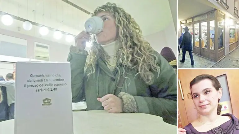 L’annuncio dell’aumento a 1,40 al Pedrocchi, sopra a destra il Caffè Cavour con il caffè a 1,60 euro e sotto Federica Luni di Appe