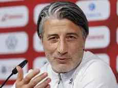 epa11452253 Switzerland's head coach Murat Yakin attends a press conference of the national soccer team in Stuttgart, Germany, 02 July 2024. EPA/PETER KLAUNZER