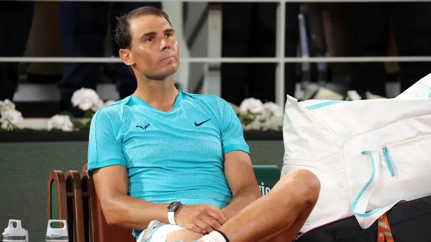 epa11373927 Rafael Nadal of Spain reacts after losing his Men's Singles 1st round match against Alexander Zverev of Germany during the French Open Grand Slam tennis tournament at Roland Garros in Paris, France, 27 May 2024. EPA/TERESA SUAREZ