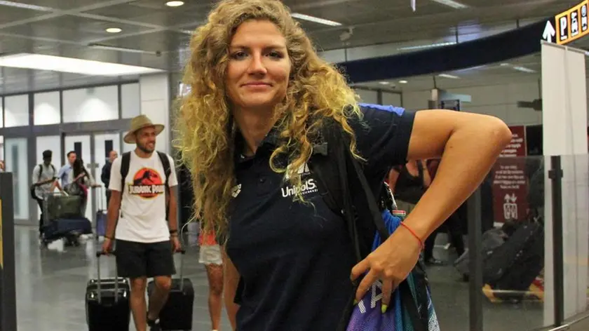 Arrivo all'aeroporto di Fiumicino di Ilaria Cusinato, 10 agosto 2018. Accoglienza festosa per Simona Quadarella, Margherita Panziera, Piero Codia, Ilaria Cusinato, Alessandro Miressi e diversi altri azzurri rientrati dagli Europei di nuoto dopo essere stati grandi protagonisti (sei ori, cinque argenti e undici bronzi totali: Italia terza potenza continentale in vasca dopo la Russia e la Gran Bretagna al Tollcross International Swimming Centre di Glasgow. ANSA/TELENEWS