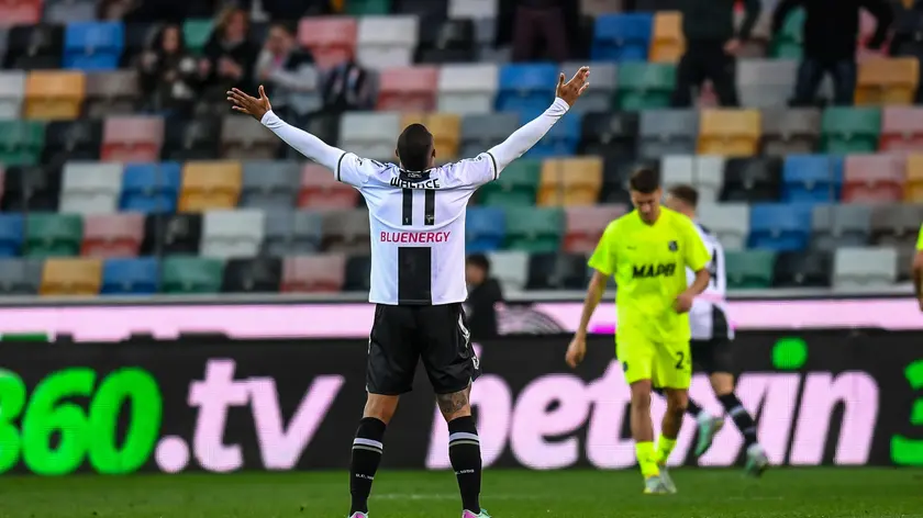 Udinese's Walace Souza Silva celebrates after a goal during the italian soccer Serie A match between Udinese Calcio vs US Sassuolo on december 17, 2023 at the Bluenergy stadium in Udine, Italy. ANSA/Alessio Marini