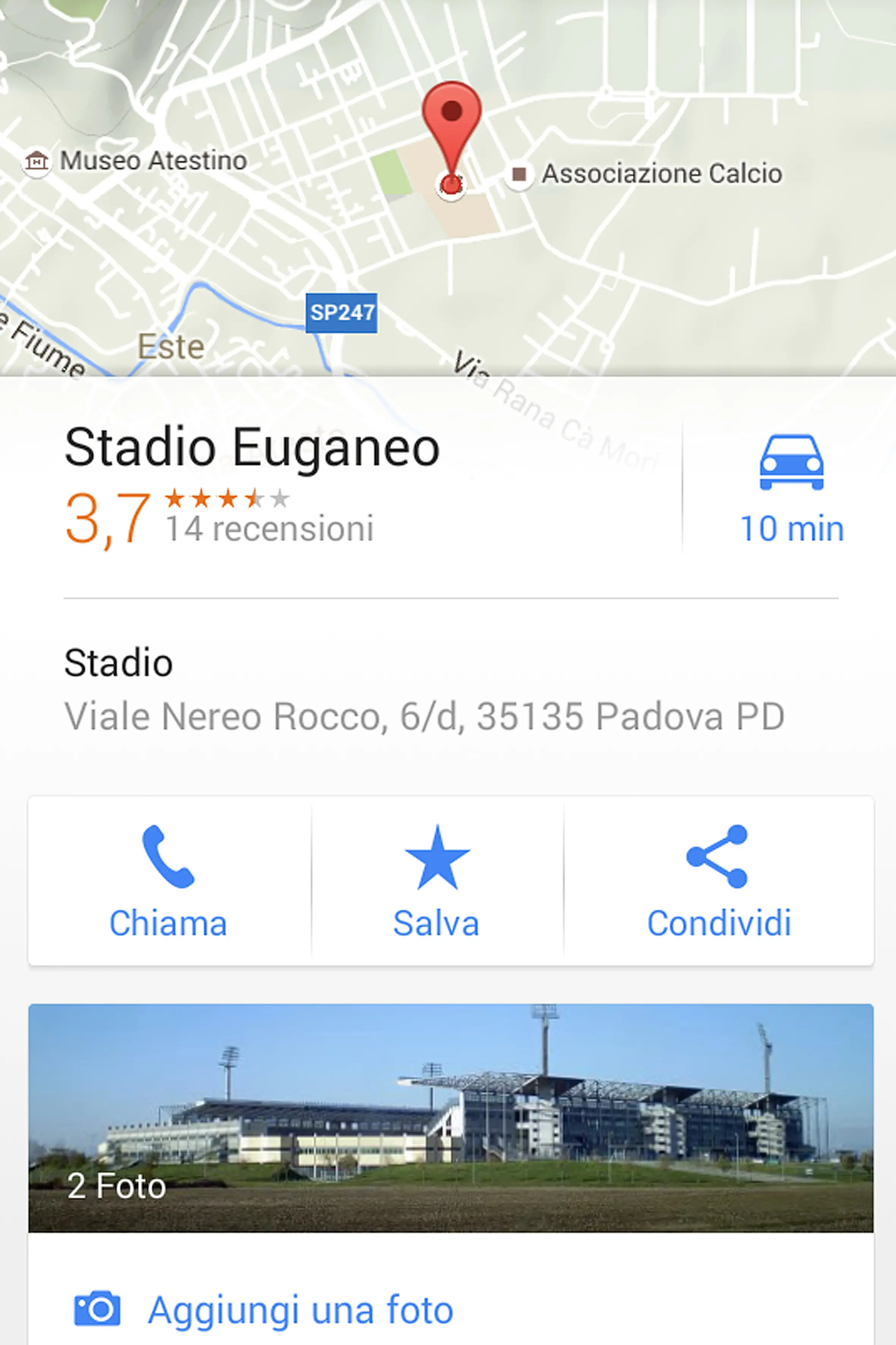 CESARO - AG.ZANGIROLAMI - 14/07/2015 - este - google maps segna lo stadio di este al posto dello stadio euganeo di padova NELLA FOTO: le indicazioni di google maps PH ZANGIROLAMI