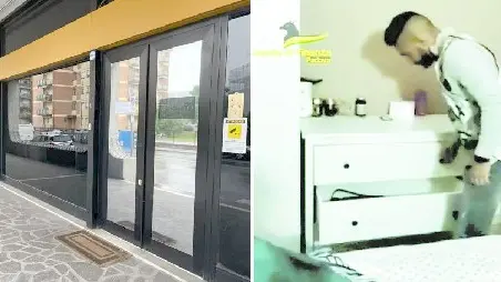 A sinistra lo stabile del centro massaggi di via Colonnello Galliano 13 sotto sequestro e a destra la Finanza nei locali del centro “Lily”