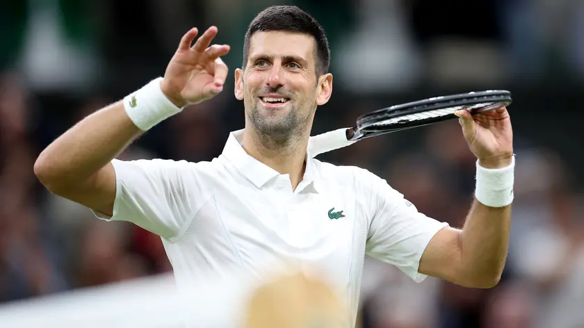epa11463930 Novak Djokovic of Serbia celebrates after winning the Men's 3rd round match against Alexei Popyrin of Australia at the Wimbledon Championships, Wimbledon, Britain, 06 July 2024. Djokovic won in 4 sets. EPA/ADAM VAUGHAN EDITORIAL USE ONLY