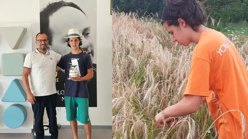Alessio con il preside dell'istituto di Vò e mentre raccoglie i semi di Gentil Rosso